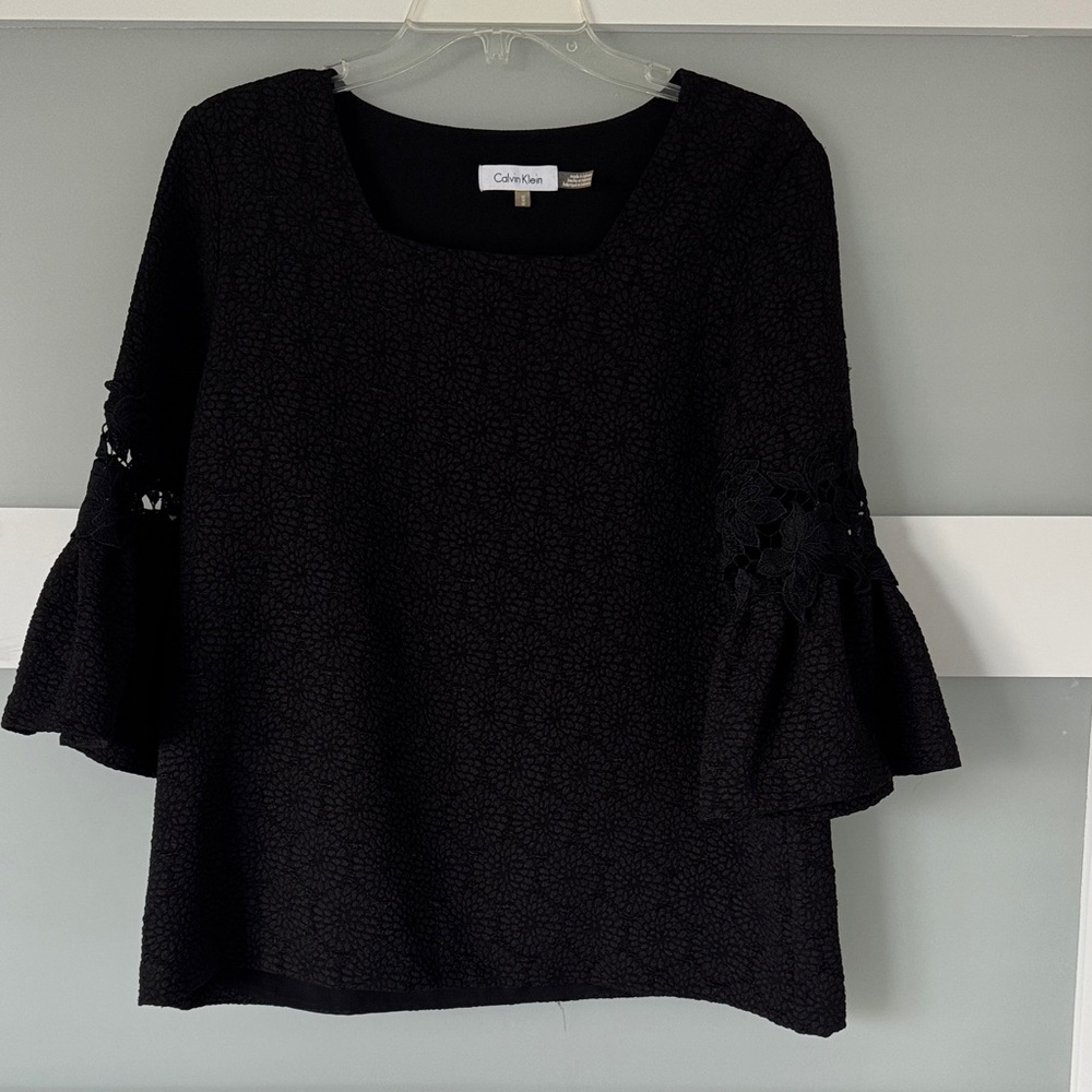 Calvin Klein Black Textured Blouse with Bell Sleeves